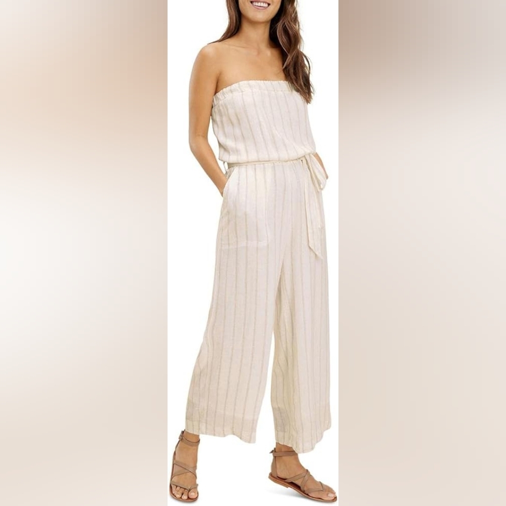 Splendid Women's June Linen Jumpsuit Removable Straps‎ Cream Striped Medium